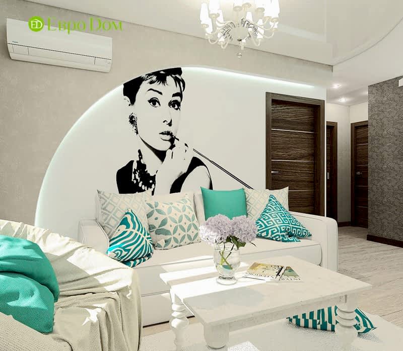 Дизайн-проект современной трехкомнатной квартиры в стиле Тиффани. Интерьер гостиной