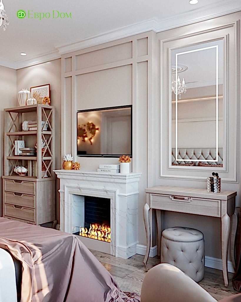 Каминная зона спальни трехкомнатной квартиры в ЖК «Лефортово»