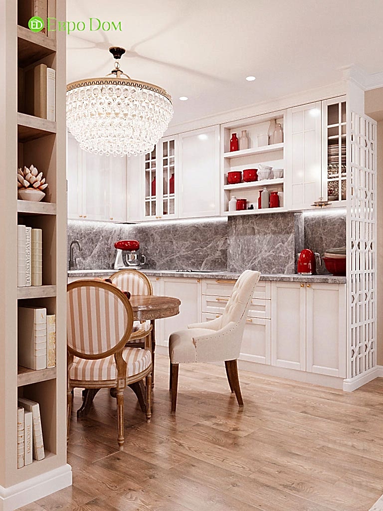 Дизайн-проект квартиры в стиле неоклассика. Кухня с белой мебелью и фартуком из искусственного камня