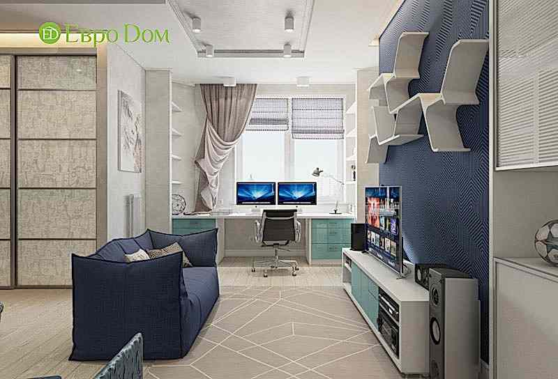 Дизайн-проект двухкомнатной квартиры в стиле современный прованс. Интерьер детской комнаты с рабочей зоной у окна