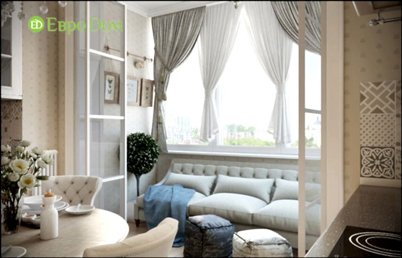 Дизайн-проект двухкомнатной квартиры в стиле современный прованс. Кухня-гостиная с белой мебелью