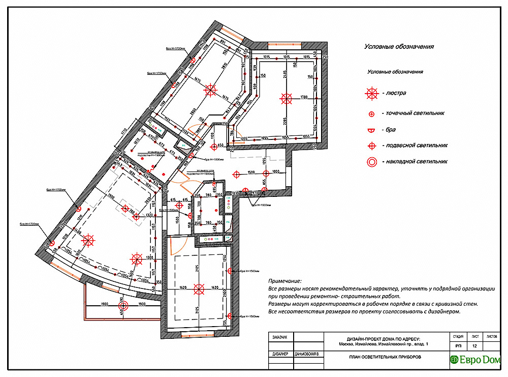 Дизайн-проект интерьера квартиры. План осветительных приборов