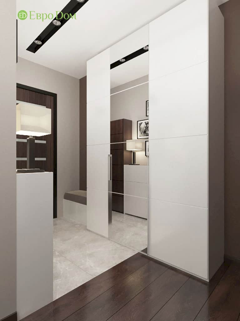 Дизайн-проект двухкомнатной квартиры в современном стиле. Коридор с большим гардеробным шкафом