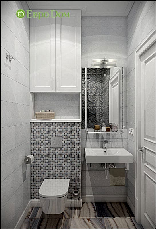 Дизайн-проект двухкомнатной квартиры в стиле современный прованс. Интерьер ванной комнаты с мозаичной отделкой