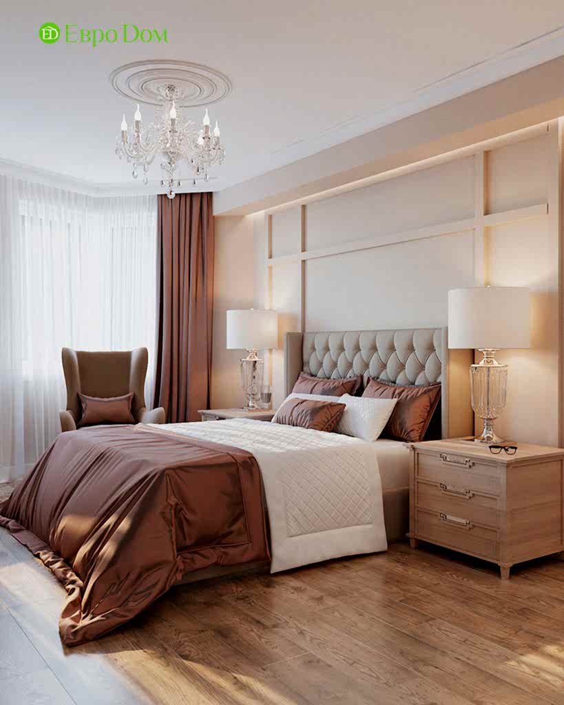 Дизайн-проект квартиры в стиле неоклассика. Спальня с яркими деталями в оттенках терракоты