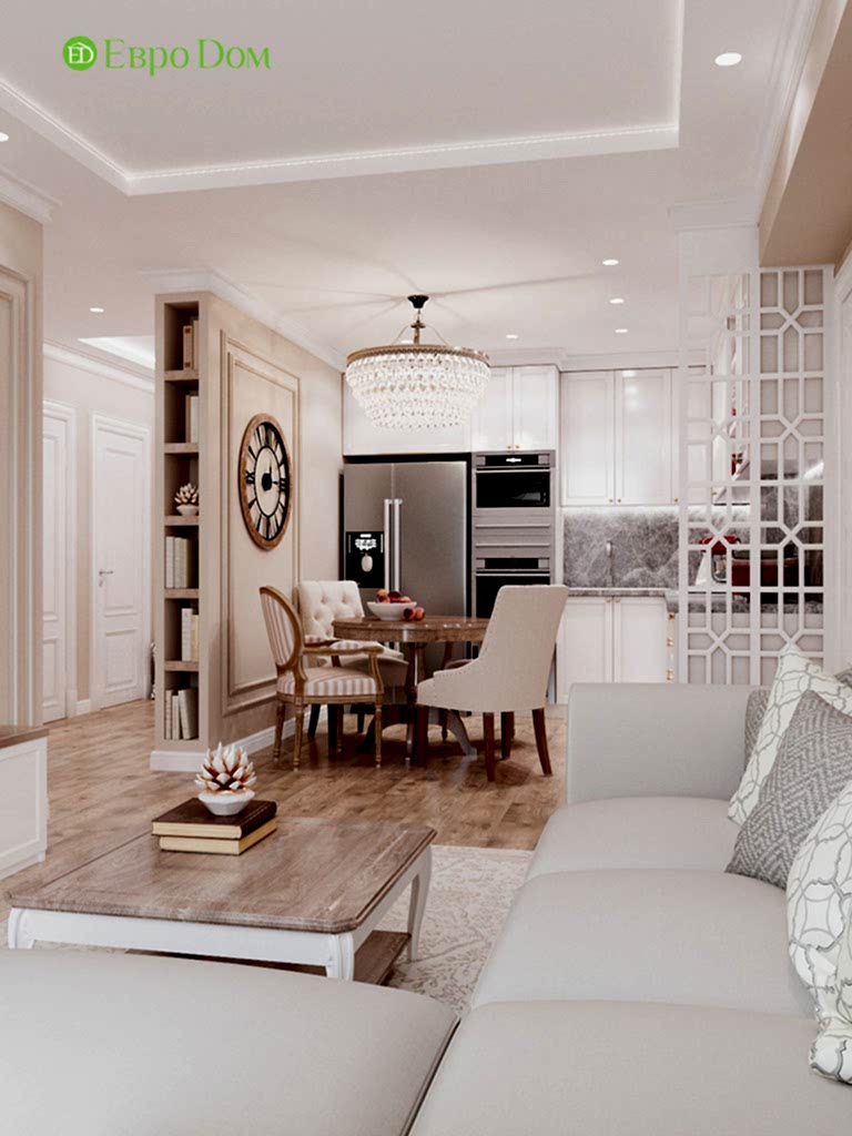 Дизайн-проект квартиры в стиле неоклассика. Кухня-гостиная с декоративной перегородкой