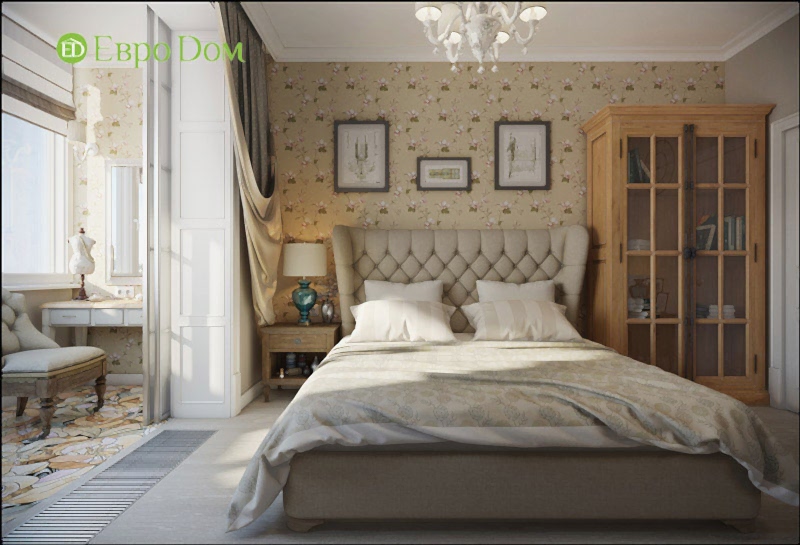 Дизайн-проект двухкомнатной квартиры в стиле современный прованс. Интерьер спальни с присоединенной лоджией