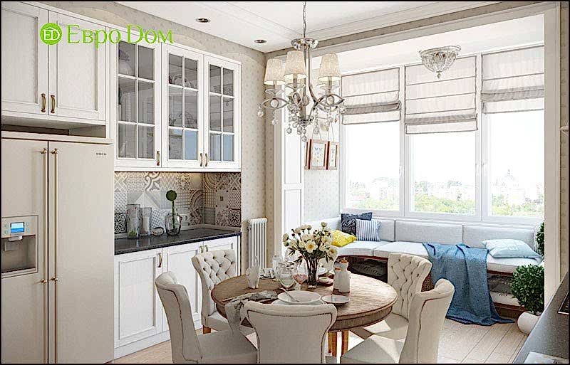 Дизайн-проект двухкомнатной квартиры в стиле современный прованс. Кухня-гостиная с классическим диваном