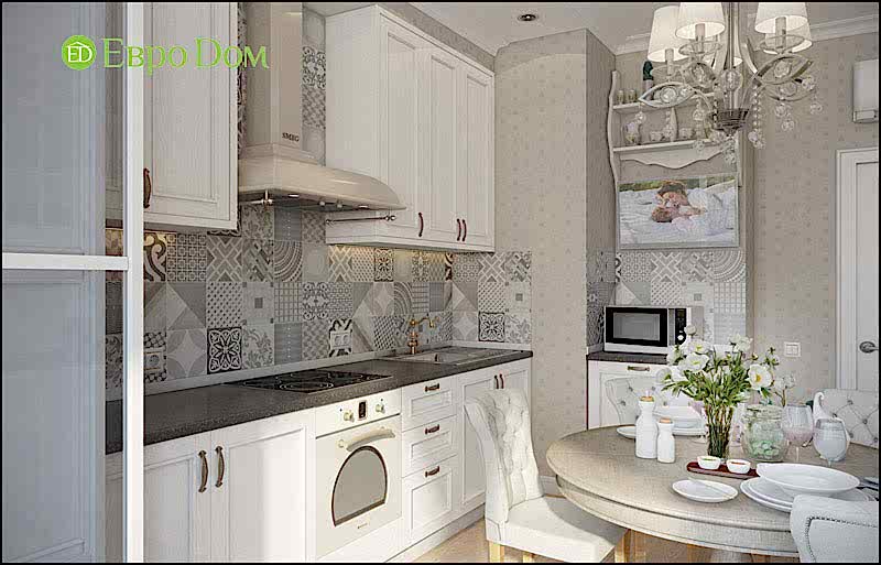 Дизайн-проект двухкомнатной квартиры в стиле современный прованс. Кухня с фартуком из метлахской плитки