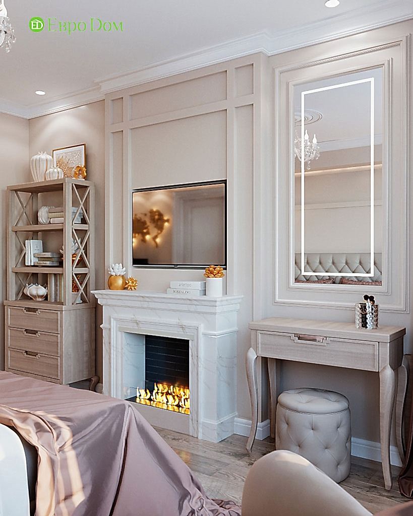 Дизайн-проект квартиры в стиле неоклассика. Спальня с камином