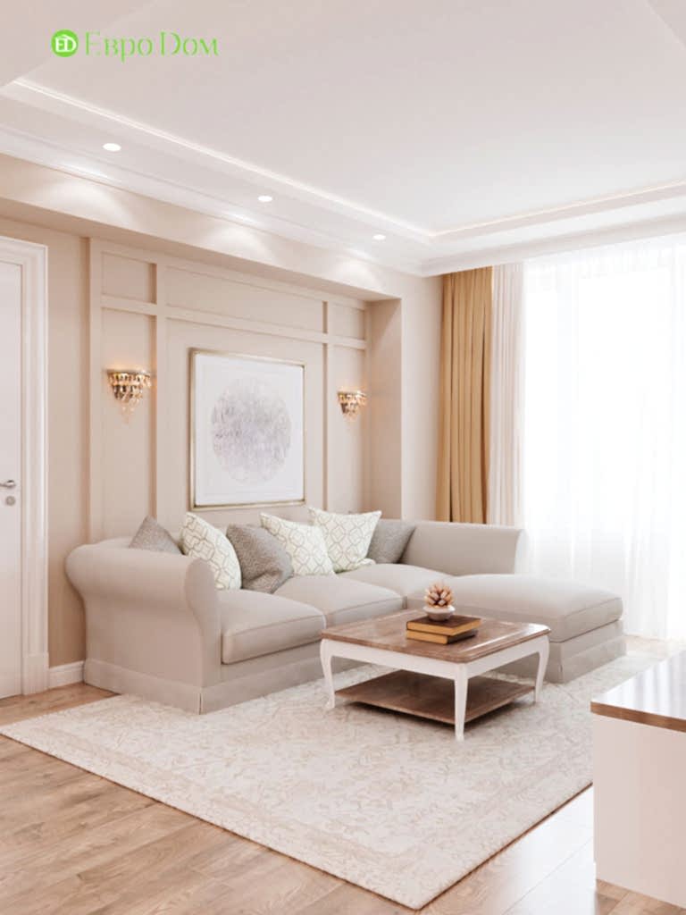 Дизайн-проект квартиры в стиле неоклассика. Кухня-гостиная с декоративной перегородкой