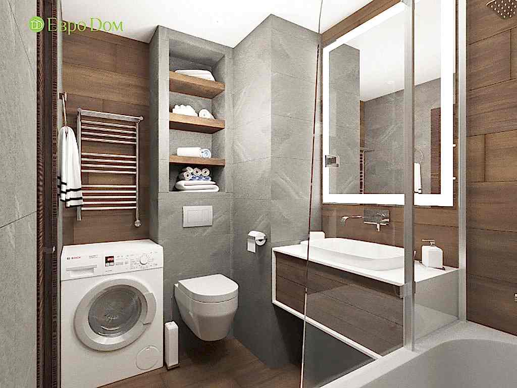 Дизайн-проект двухкомнатной квартиры в современном стиле. Интерьер ванной комнаты с плиткой под дерево