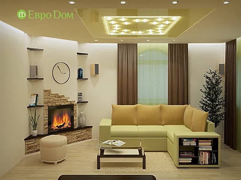 Коттедж внутри, дизайн с камином, фото