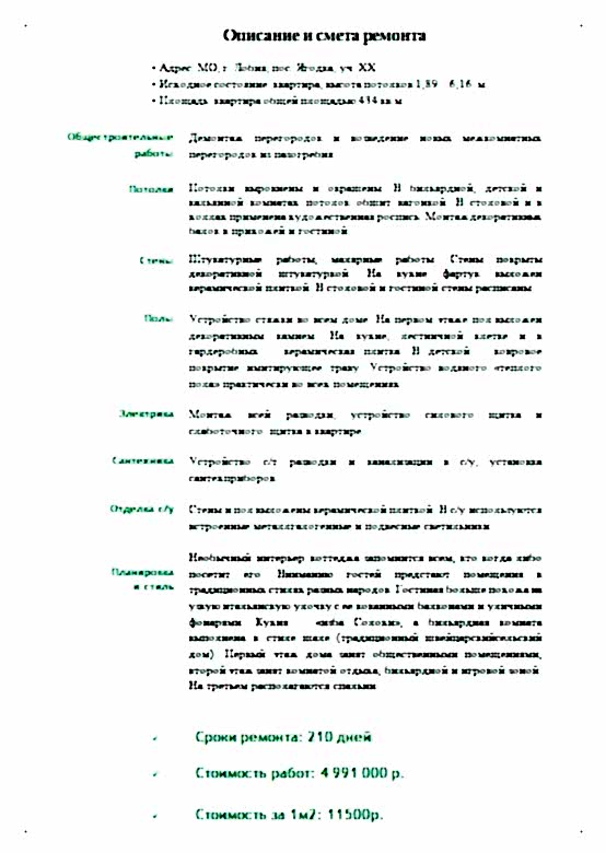 Смета дизайнерского ремонта коттеджа внутри